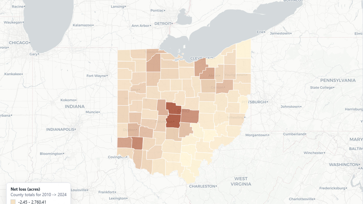Ohio county map showing net agricultural land loss