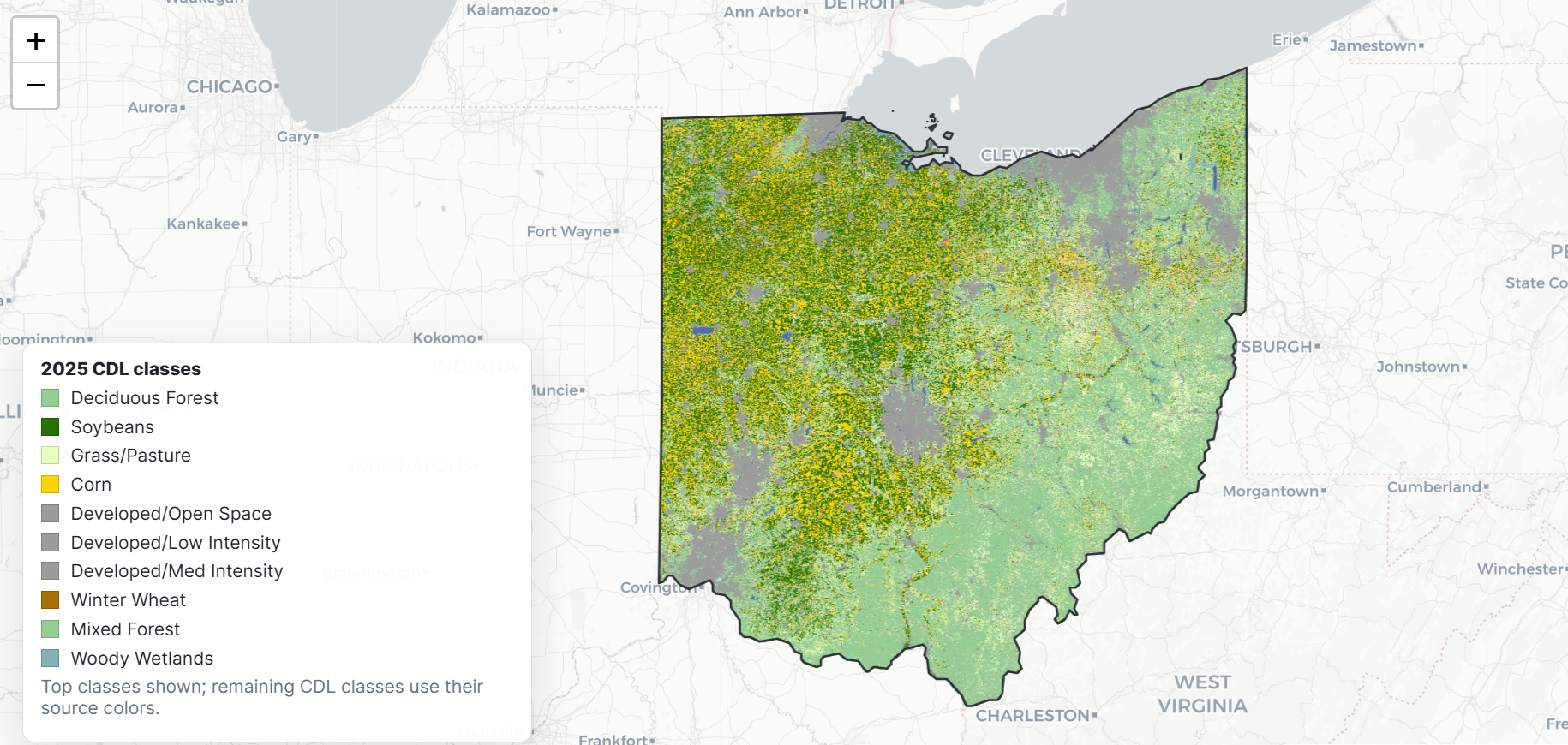 Ohio Cropland Data Layer map with land-cover classes