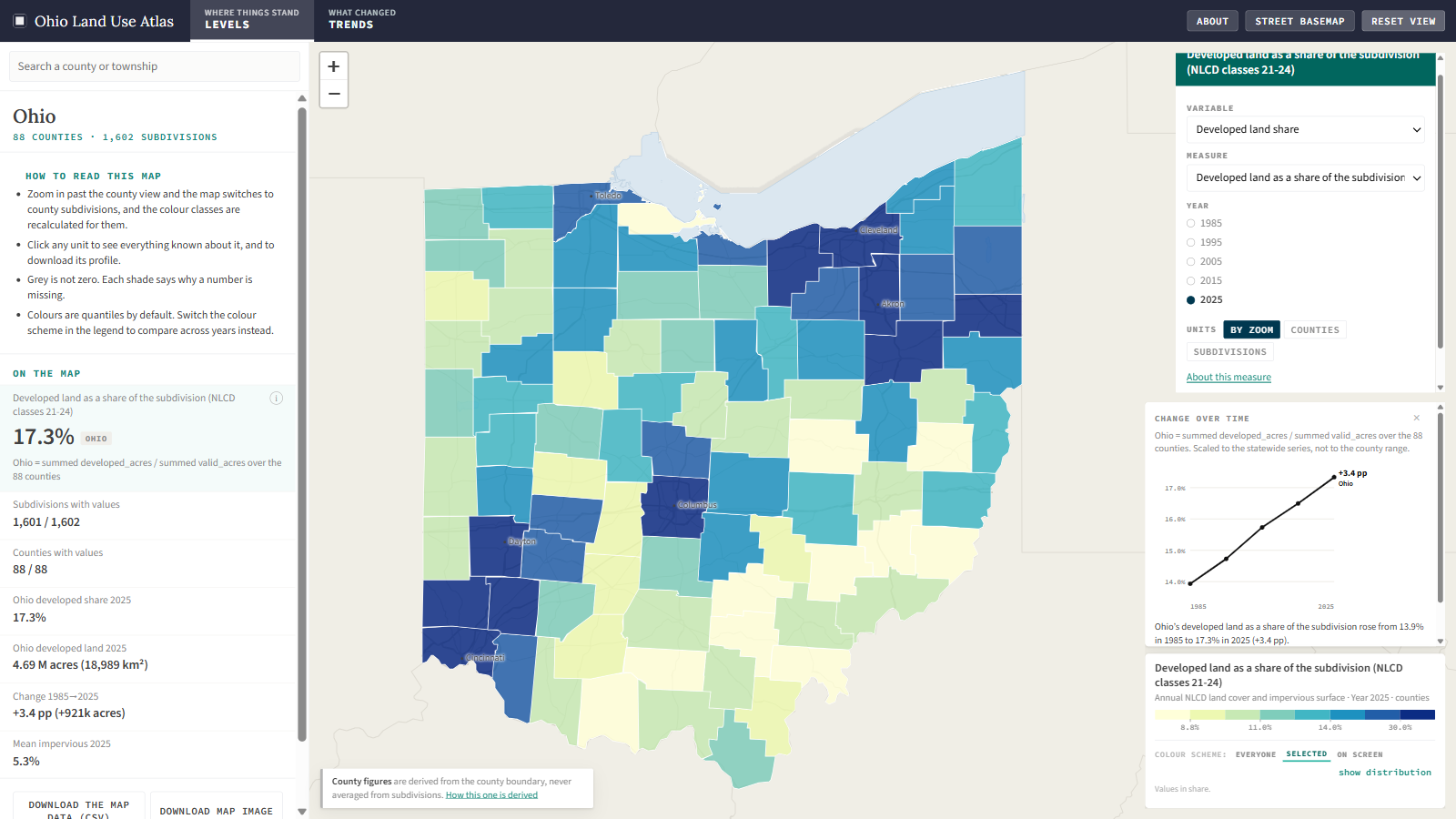 Ohio Land Use Atlas showing county land-use indicators and an interactive statewide map