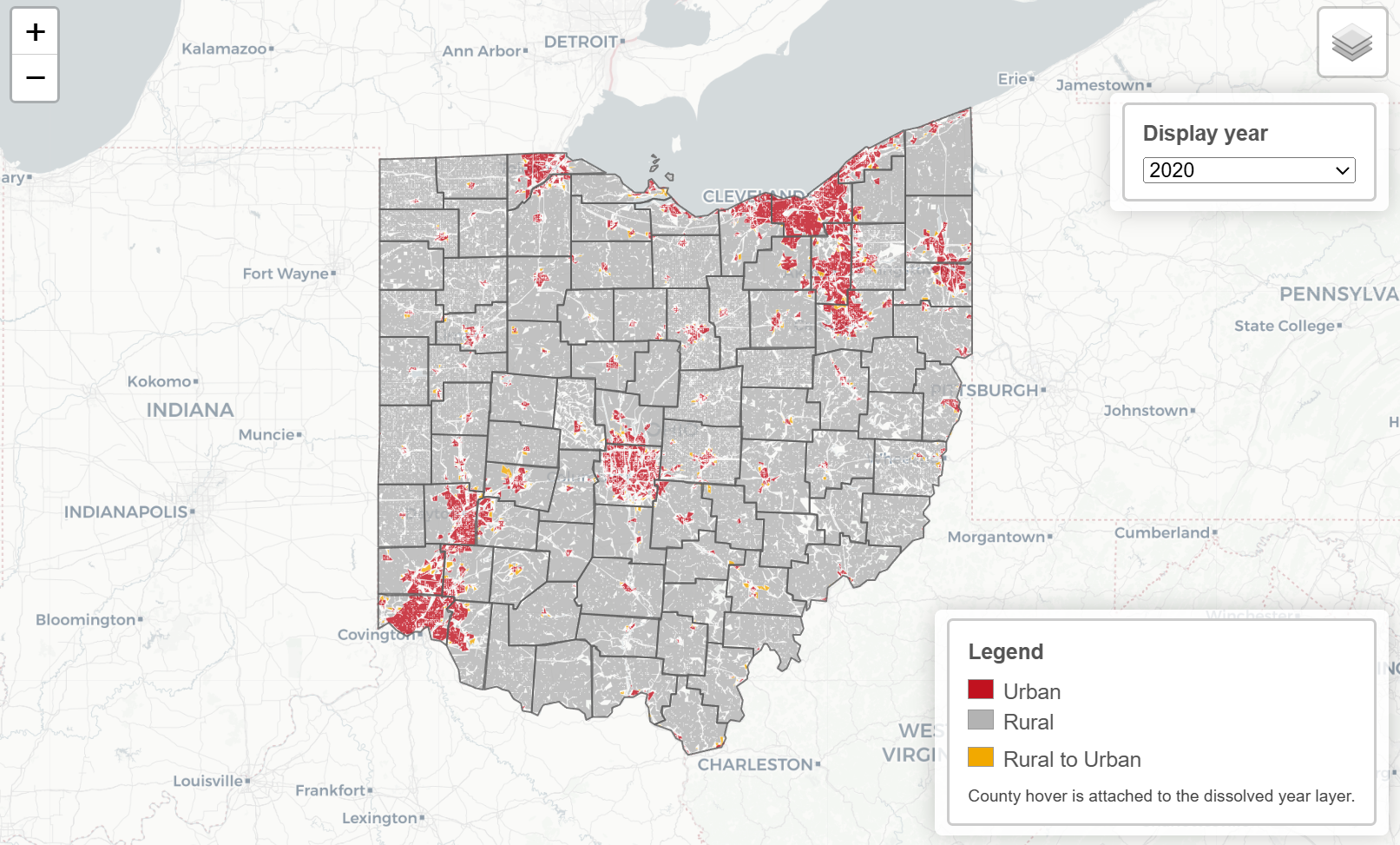 Ohio map showing urban, rural, and rural-to-urban areas around Lake Erie